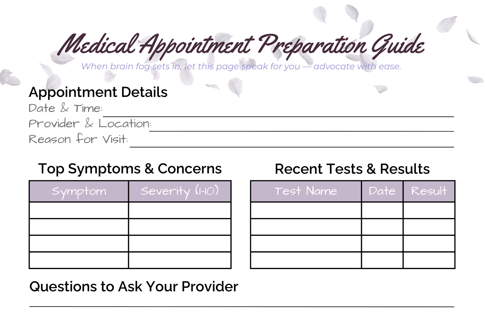 Medical appointment preparation guide with sections for appointment details, symptoms, tests, and questions to ask a provider.